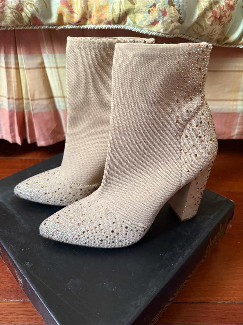 Charles by Charles David Beige Rhinestone Knit Ankle Boots